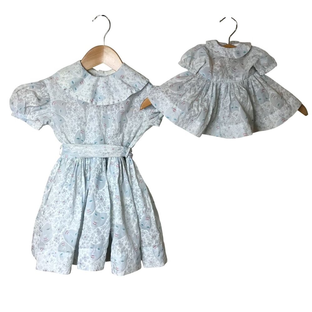 1950s VTG Handmade Girls Dress 3T Pale Blue Novelty Print w Matching Doll Dress